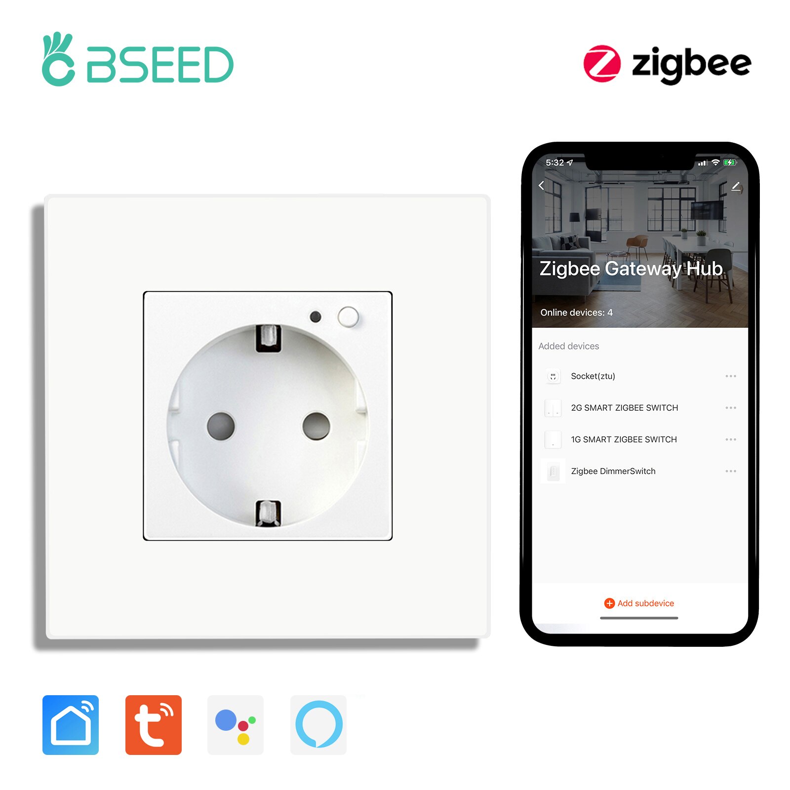 

Умная розетка BSEED ZigBee двойная синяя подсветка