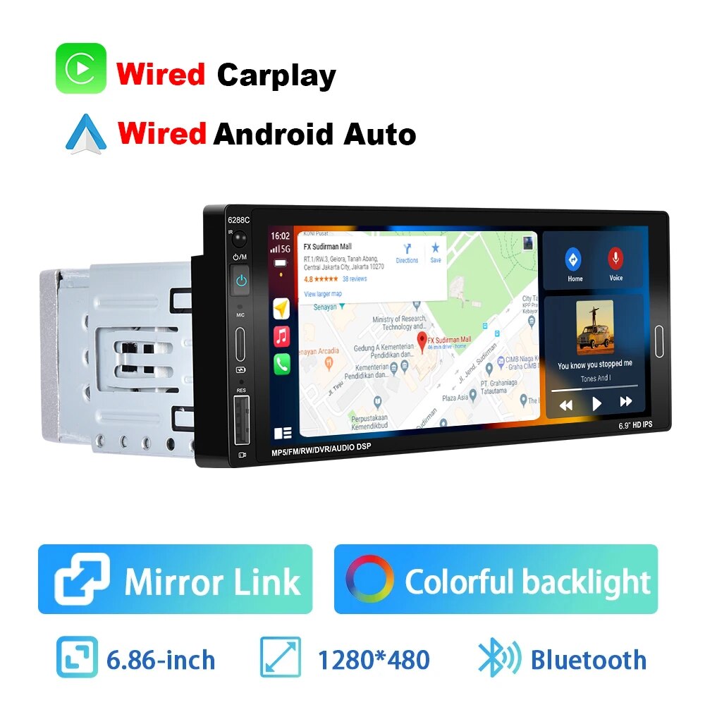 

Автомагнитола 1DIN Podofo, Универсальная автомобильная стереосистема Carplay MP5 с сенсорным экраном 6,86 дюйма, Bluetooth, FM-радиоприемником, интерфейсом TF/USB
