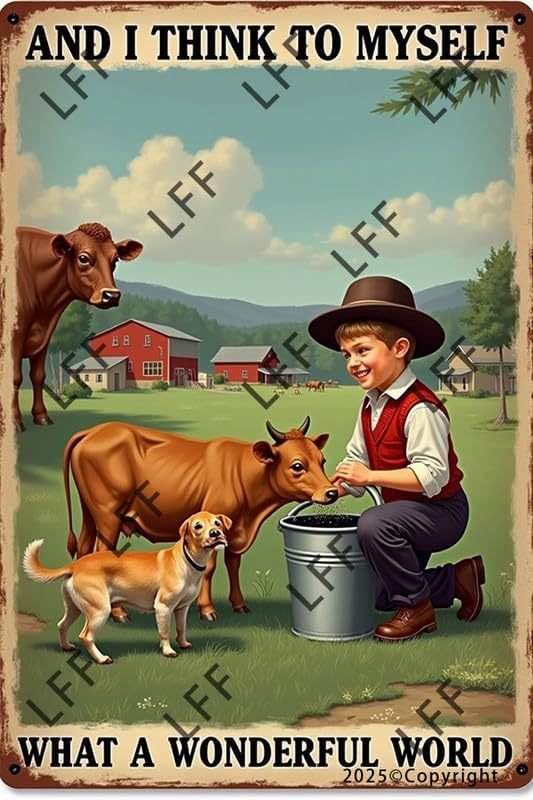 

Винтажная металлическая вывеска A Boy Milking A Cow With A Dog In A Field