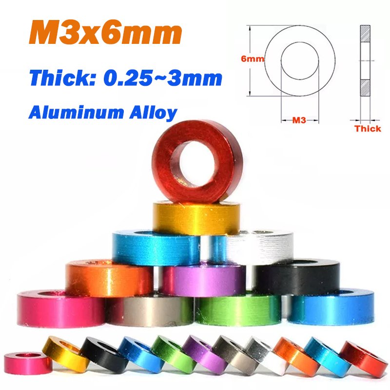 

3/5 шт. алюминиевая шайба M3x6 мм, толщина 0,25/0,5/1/1,5/2/2,5/3 мм, цветные анодированные плоские шайбы из алюминиевого сплава 6061, прокладка