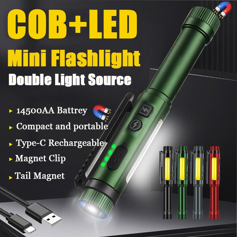 

Мини-фонарик светодиодный COB, многофункциональный, 8 режимов освещения, USB Type-C, перезаряжаемый аккумулятор 14500AA, Рабочий фонарь с двойным магнитным зажимом