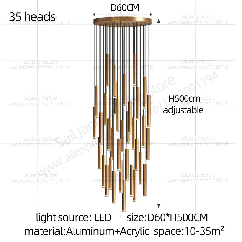

Golden Cylindrical Chandelier LED Minimalist Long Pendant Light Modern Living Room Island Lighting Villa Staircase Chandelier