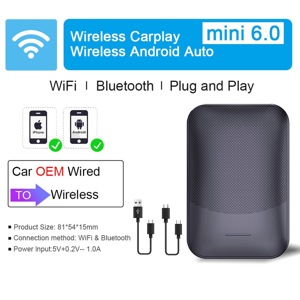 

Беспроводной адаптер Carplay Mini 6,0 для автомобиля, беспроводной адаптер для автомобиля Android, подключи и работай, Bluetooth, Wi-Fi, для Ford, Toyota, Volkswagen