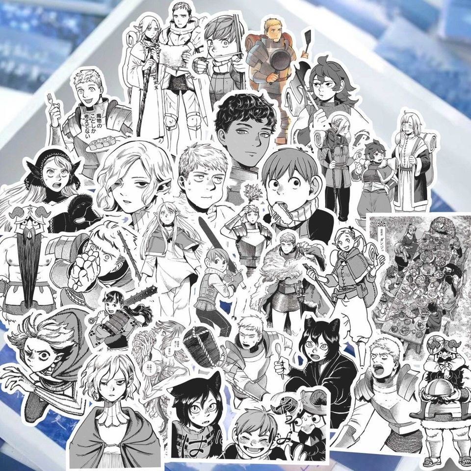 

Аниме стикер Dungeon Meshi, Laius Marsilla Senshi, вкусные в подземелье, черно-белые стикеры в стиле манги, декор для ноутбука