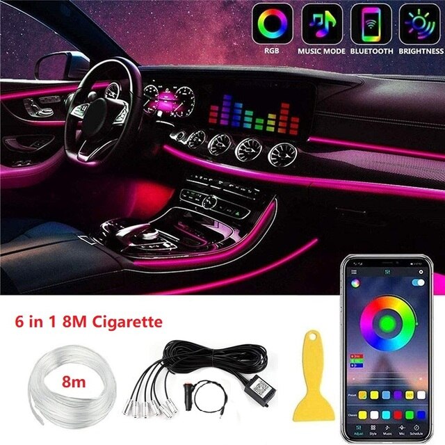 

Светодиодные автомобильные внутренние Ambient Strip Lights RGB Волоконно-оптическая атмосфера Неоновый комплект освещения с управлением через приложение Автоматические декоративные лампы Караван