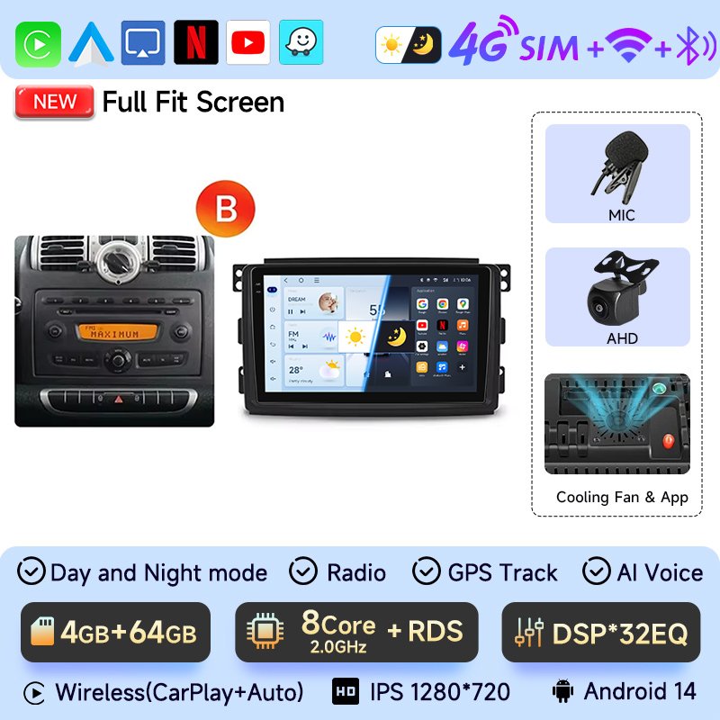 

JIUYIN Android 14 авто радио Smart Fortwo 451 2005-2015 беспроводной Carplay 4G автомобильный мультимедийный GPS 2din авторадио
