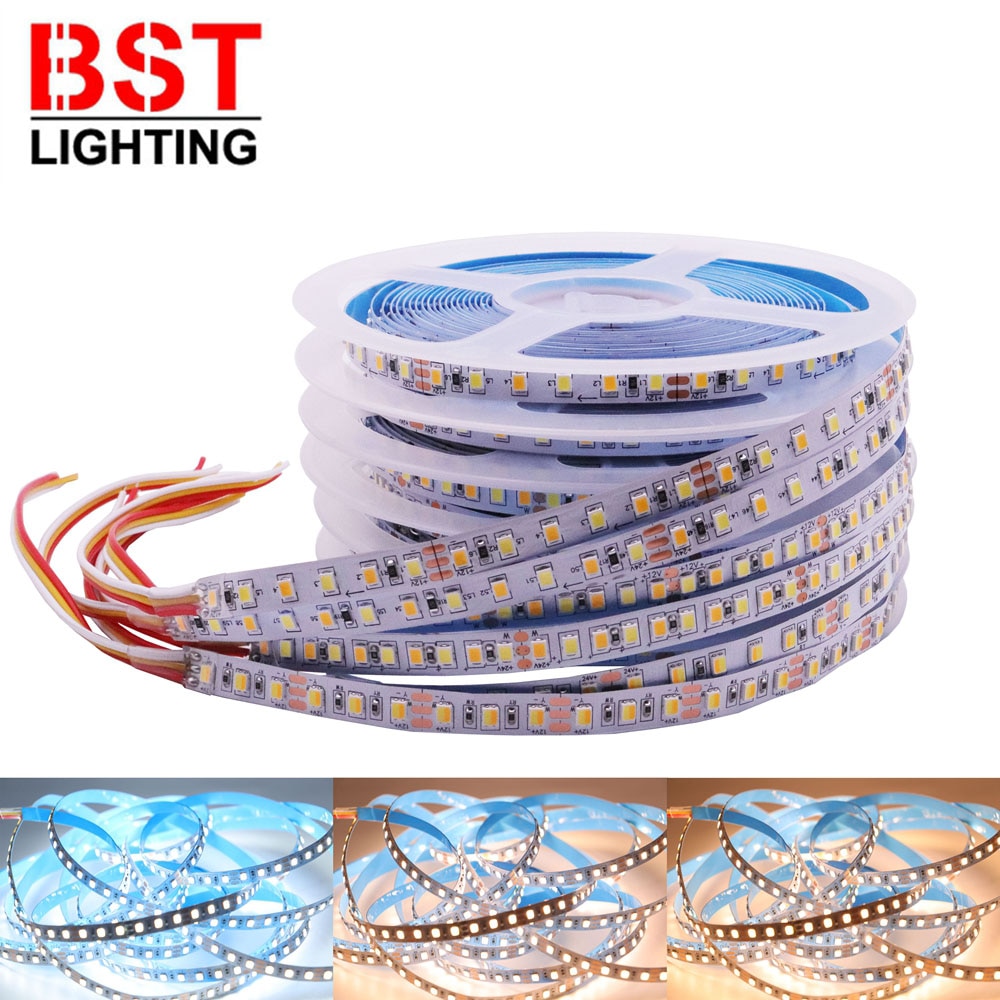 

Светодиодная лента 2835SMD CCT WW + CW, 5 м, 120 светодиодов/м, 180 светодиодов/м, регулируемая цветовая температура, гибкая светодиодная лента 12 В/24 В