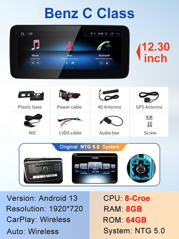 

2024 Новый автомобильный мультимедийный беспроводной Android AUTO CarPlay 12,3-дюймовый экран для Mercedes Benz C Class GLC W205 S205 видеоплееры