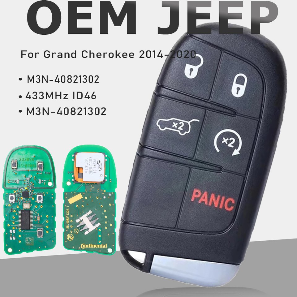 

KEYECU OEM M3N- 40821302 Дистанционный брелок с 5 кнопками, 433 МГц, 46, умный бесконтактный ключ без ключа для Jeep Grand Cherokee 2014-2020 P/N: 68143505