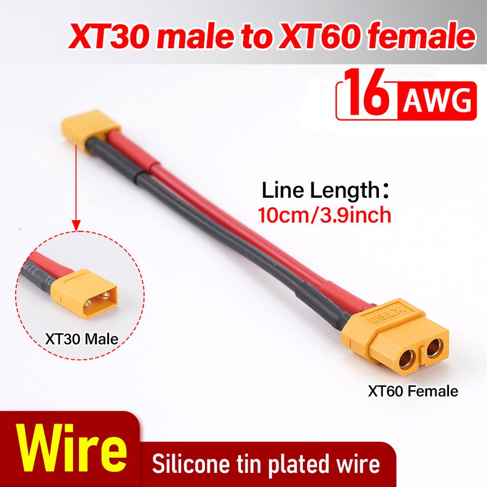 

Переходник штекер XT30 на гнездо XT60 с 10 см 16AWG силиконовый Луженый провод для питания автомобильного аккумулятора FPV квадрокоптера дрона