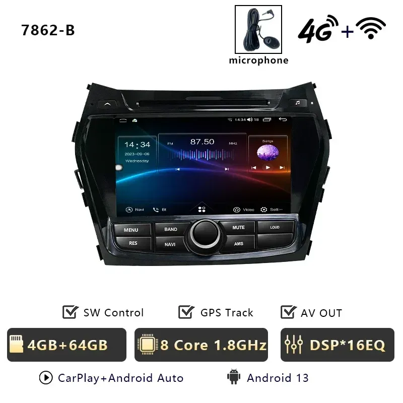 

Автомобильный радиоприемник CHSTEK Android 13 CarPlay для Hyundai IX45 Santa Fe SantaFe 3 2013-2017, мультимедийная стереонавигация, Bluetooth WIFI 4G