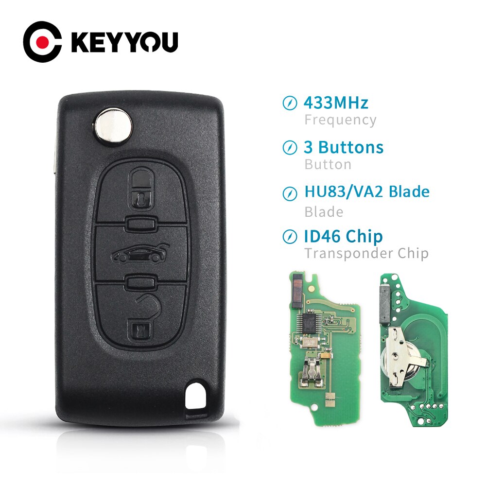 

KEYYOU 3 кнопки полный пульт дистанционного управления автомобильный складной ключ для Peugeot 307 407 308 607 433 МГц электронный чип ID46 VA2 Blade CE0536