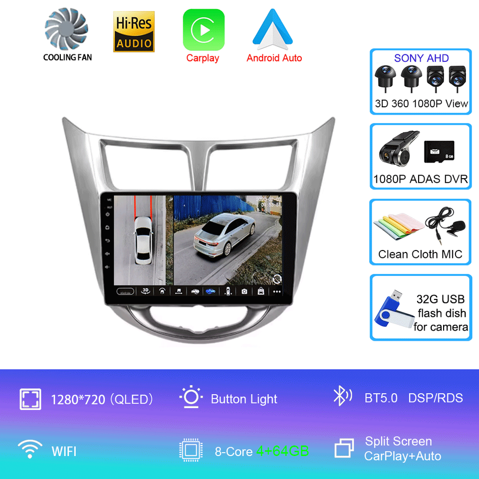 

Для Hyundai Solaris 1 2010-2016 Android 14 Автомобильный радиоприемник GPS Мультимедийный видеоплеер Навигация Стерео Wi-Fi + 4G Carplay BT DSP