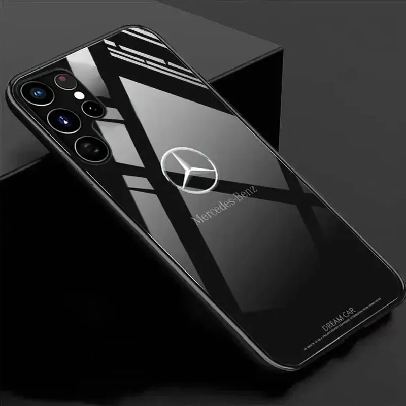 

Черный чехол из закаленного стекла с логотипом автомобиля для телефона Mercedes Benz Samsung S25 Ultra S24 S23 S22 Plus S21 S20 FE, твердый чехол с защитой от царапин