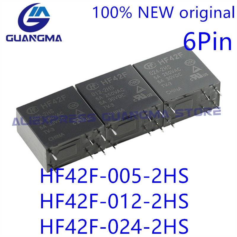 

10 шт. 100% новое оригинальное силовое реле HF42F-005-2HS HF42F-012-2HS HF42F-024-2HS 5A 250 В переменного тока 5 В 12 В 24 В 6 контактов