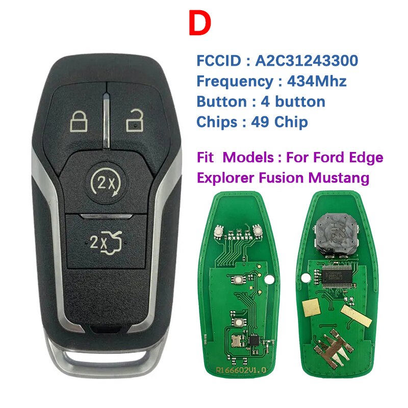 

Послепродажный ключ CN018122 для Ford Fusion Explorer Edge, Mustang, Mondeo, Kuka 2013-2017, ФОБ 315, 49, чип 433/902/МГц