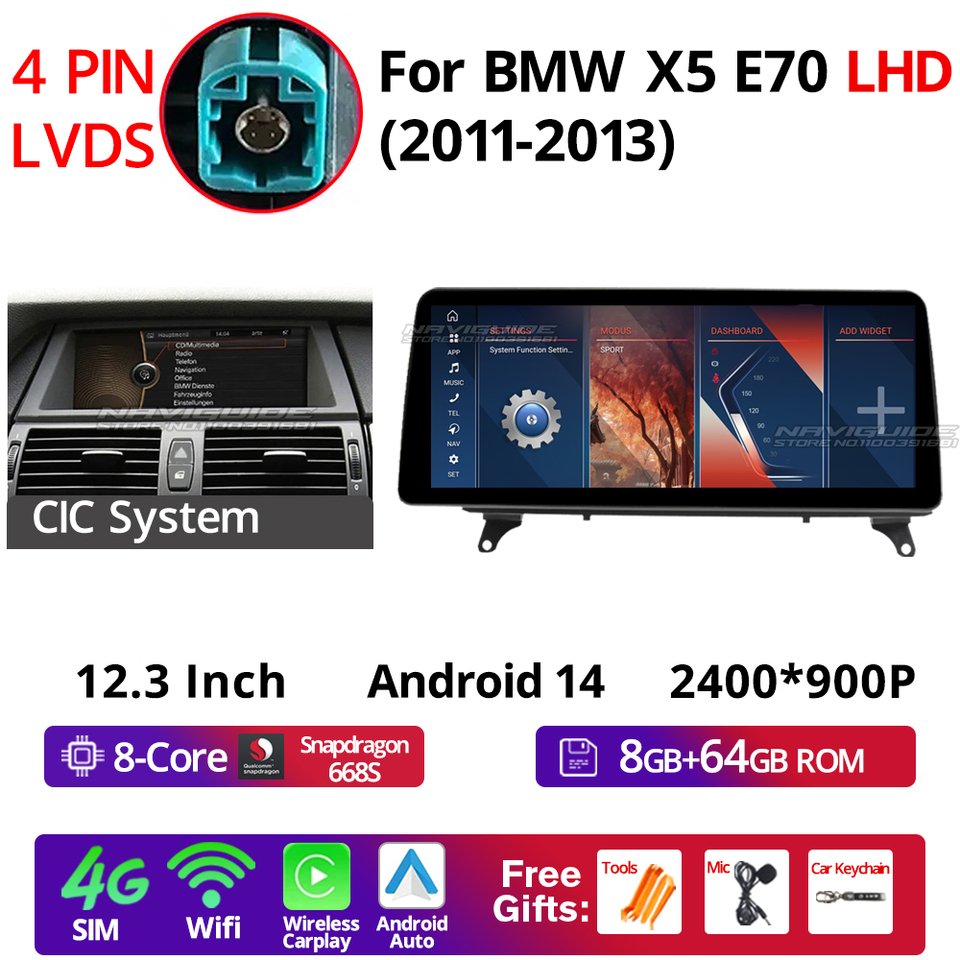 

NAVIGUIDE 12.3'' Android 14 For BMW X5 E70 X6 E71 LHD 2008-2013 CCC CIC System LHD Car Radio Carplay Auto GPS Multimedia Player