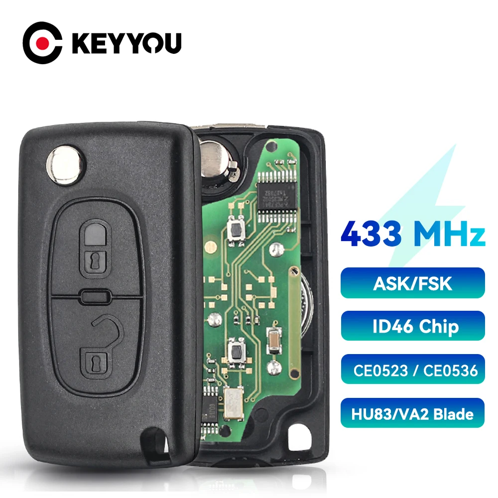 

KEYYOU для Peugeot 433 МГц ID46 ASK удаленный автомобильный ключ для Peugeot 207 307 407 208 308 408 607 Partner автомобильный ключ 2 кнопки CE0523 Ce0536