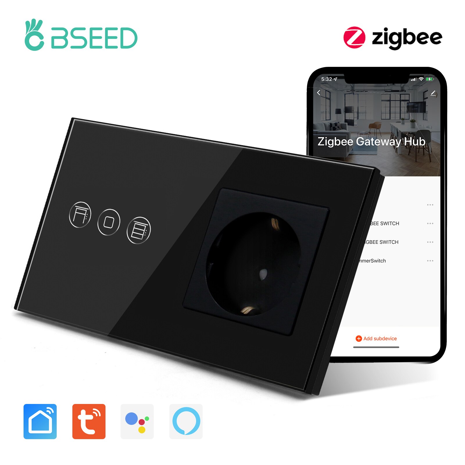

BSEED Белый Умный Переключатель Роликовых Штор Зигби с Розеткой