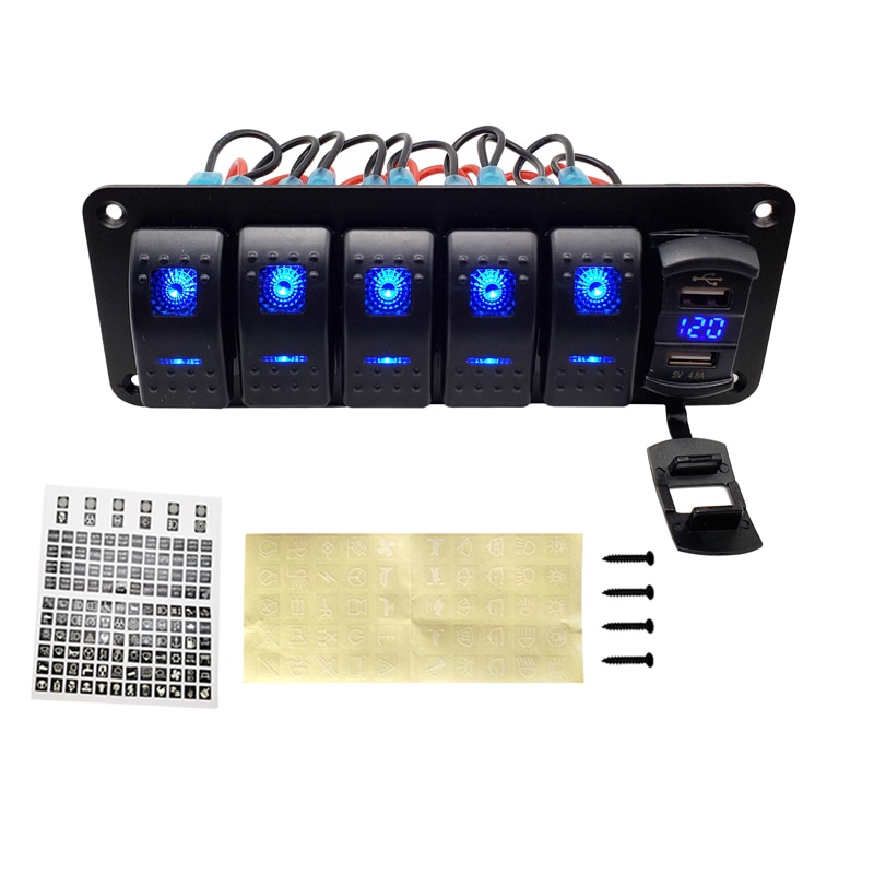 

2 3 4 5 6-бандовая панель переключателя морской лодки 4,2 А с двумя USB-синими светодиодами, панель кулисного переключателя включения-выключения для морской лодки, каравана, автофургона, 12 В 24 В