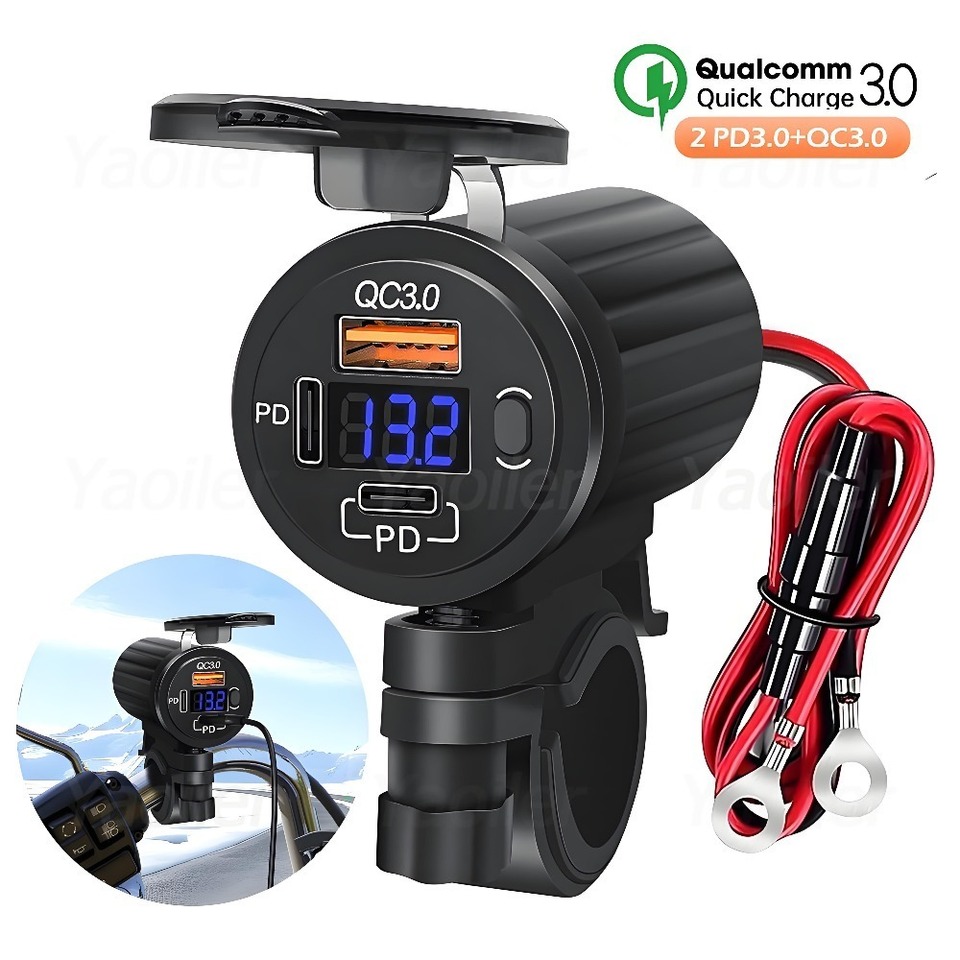 

78 Вт, 3 порта, двойной PD3.0 + QC3.0, USB-разъем для быстрого зарядного устройства для мотоцикла, крепление на руль с переключателем, вольтметр, водонепроницаемый адаптер питания 12 В