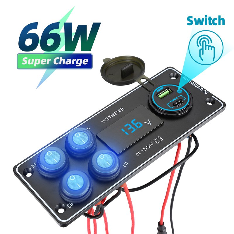 

45 Вт 4 клавишный переключатель Панель вольтметр 12-24 В QC3.0 и PD USB C быстрое зарядное устройство для кемпинга автомобилей грузовиков лодок домов ATV аксессуары