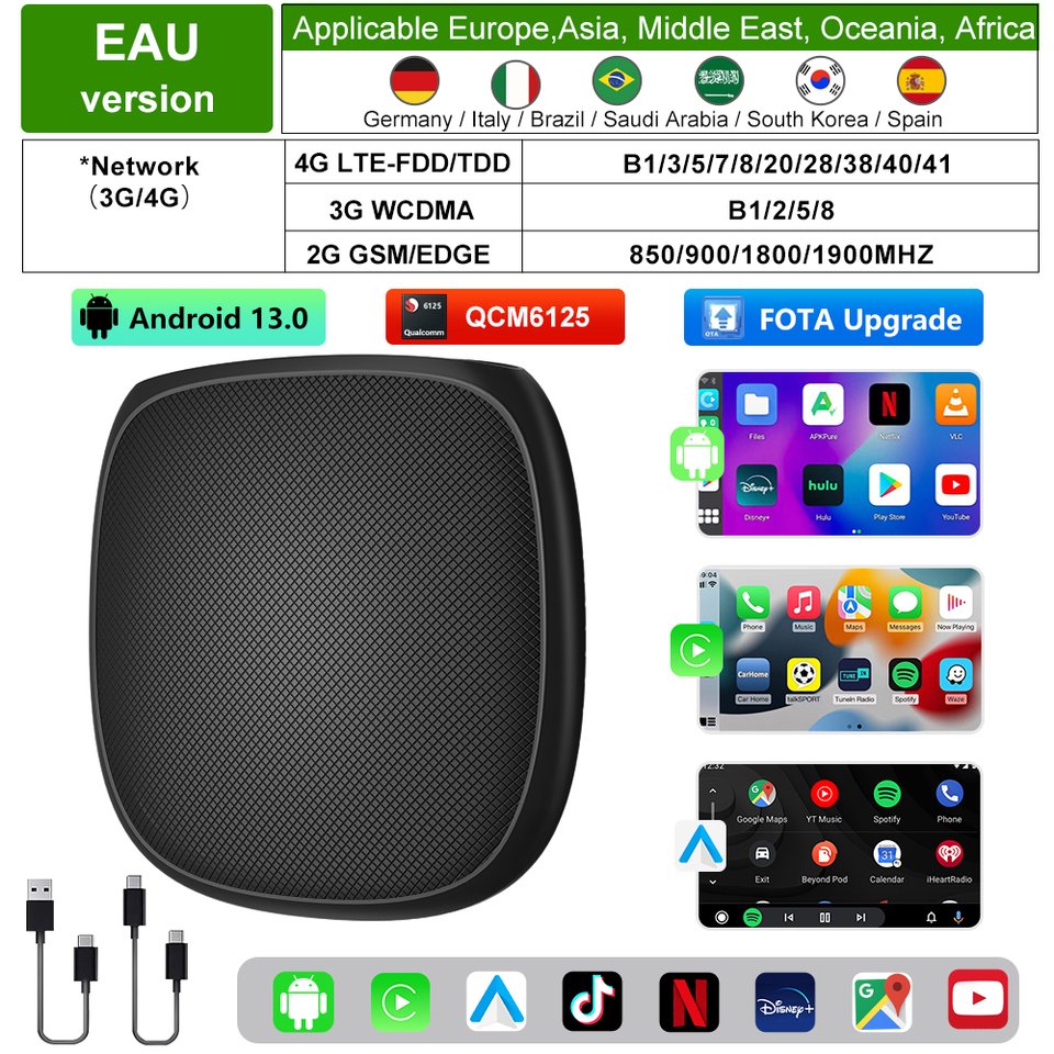

FLIXIVI CarPlay Ai Box Plus 8 + 128G Android 13, беспроводной Android Auto и CarPlay, 8/4 ядра, процессор QCM6125/2290 для VW Audi Kia Fiat