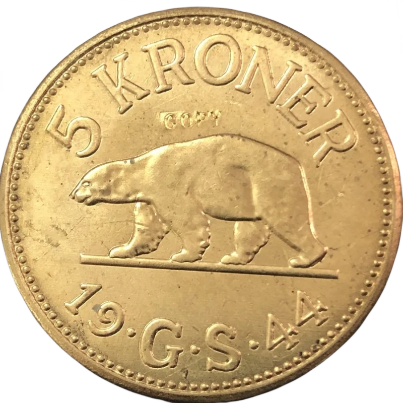 

Латунная реплика монеты 1944 Гранландия (Дания) 5 Кронер