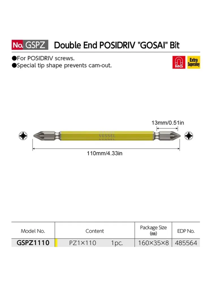 

Магнитная отвертка VESSEL, 1 шт., 110 мм, двухсторонняя POZIDRIV GO-SAI PZ1 PZ2 PZ3, бит NO.GSPZ Series