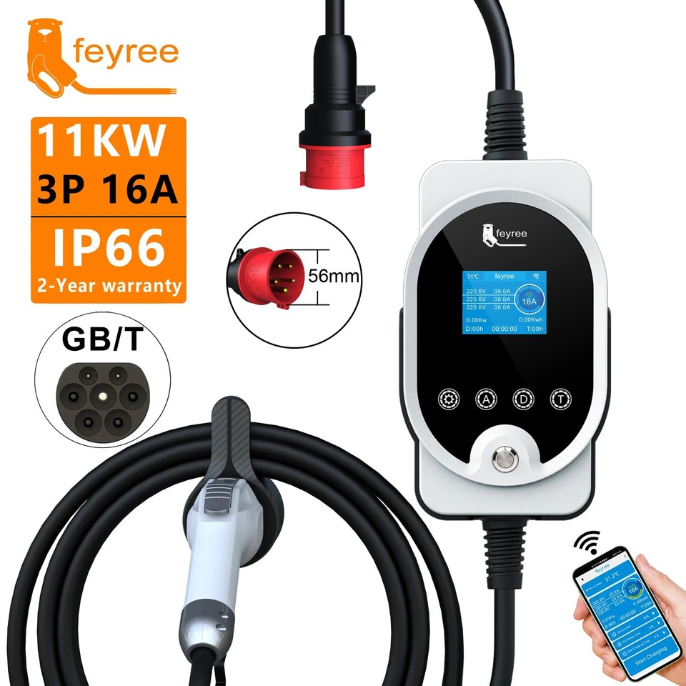 

Feyree GB/T Зарядное устройство для электромобилей 11 кВт 16 А 3-фазное устройство EVSE Wallbox APP WIFI Управление Зарядная станция для электромобилей 5 м Кабель CEE Разъем для электромобиля