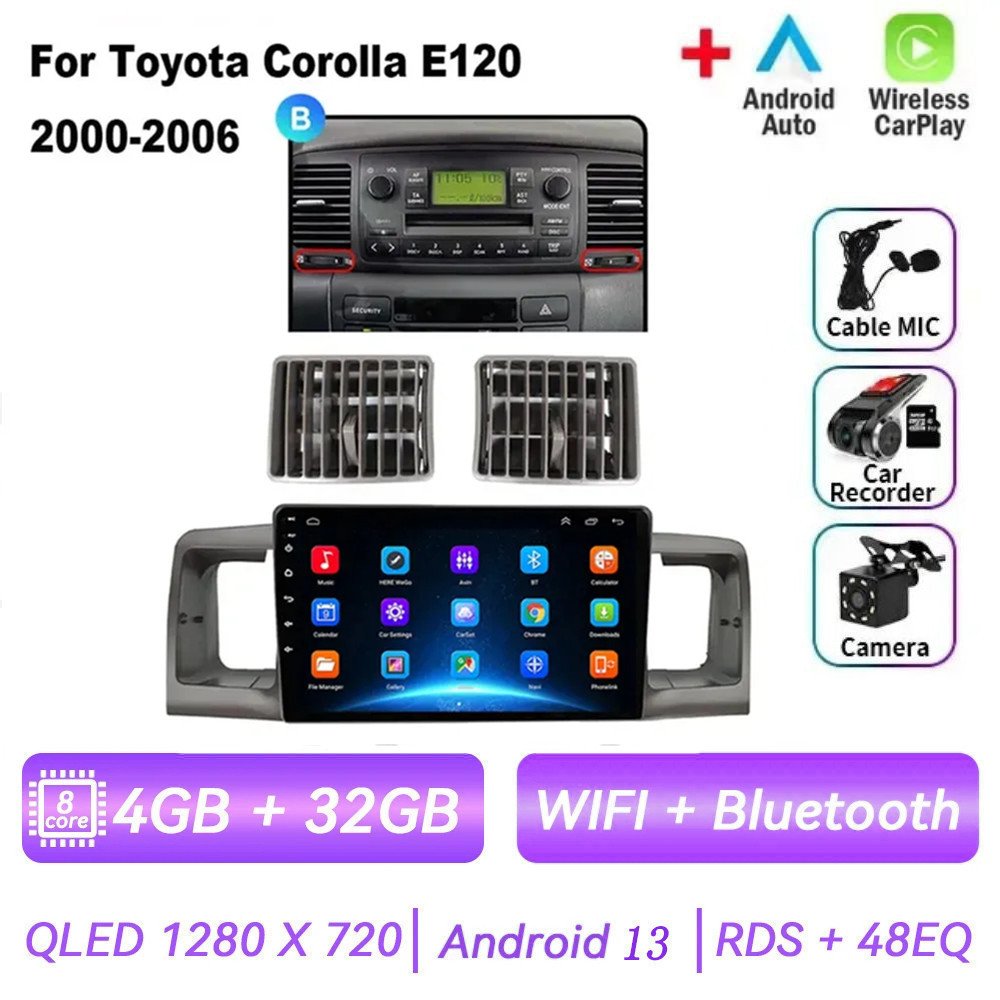 

Для Toyota Corolla E130 E120 2000-2006 Android 13 Автомобильный радиоприемник Мультимедийный плеер Навигация GPS Carplay 2din Стерео DVD