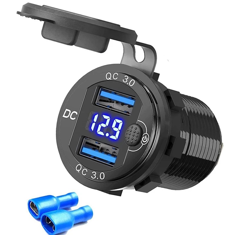 

Автомобильное зарядное устройство USB QC3.0 с двумя портами, автомобильная USB-розетка, быстрая зарядка со стандартным цифровым вольтметром, дисплей, переключатель для автомобилей, лодок, моторов