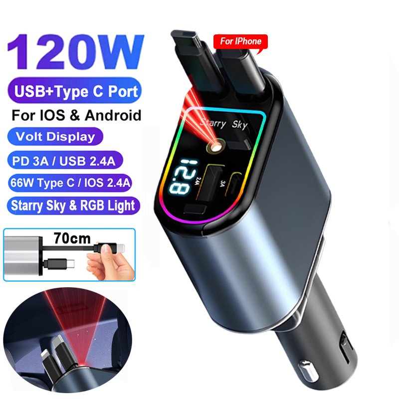 

Выдвижное автомобильное зарядное устройство 4 в 1, 120 Вт с USB-кабелем Lightning Starlight с автоматической крышей, быстрая зарядка для телефонов IPhone Samsung