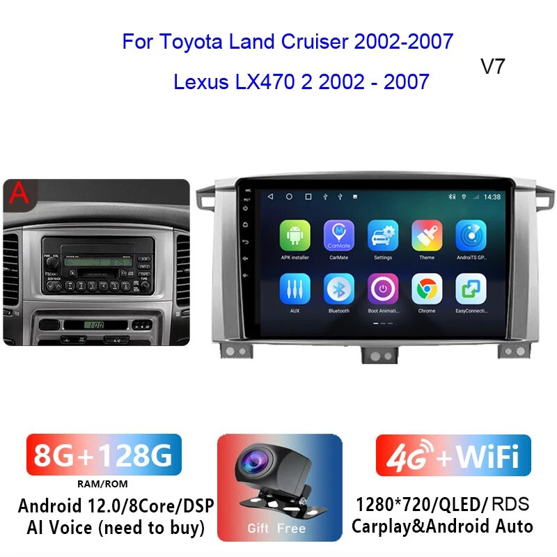

Автомобильный радиоприемник 8 + 256 Android для Toyota Land Cruiser LC100 2002-2007 Lexus LX470 J100 2 II 2002-2007 Carplay 4G GPS DVD 2Din стерео