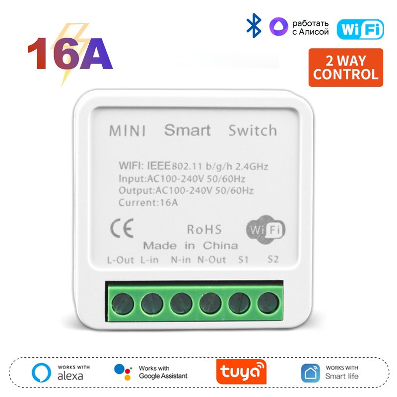 

Модуль мини-умного переключателя Tuya WiFi 16A, 2-сторонний релейный модуль умного автоматизации, работает с яндекса, Алиса, Alexa Google Home