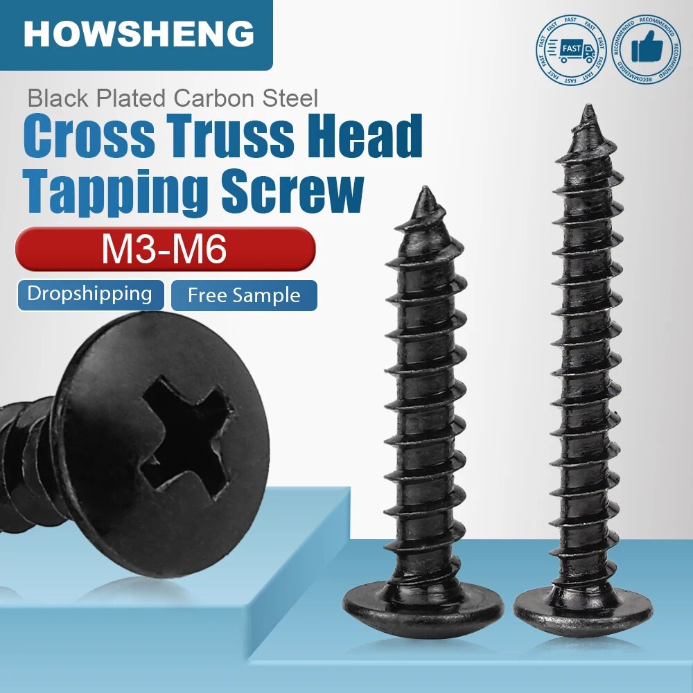 

HOWSHENG Саморезы с крестообразной головкой и ферменной головкой M3 M3.5 M4 M5 M6 Винты с черным покрытием Phillips с грибовидной головкой