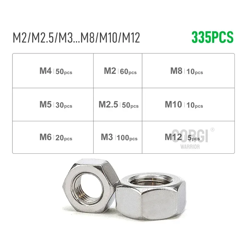 

Ассортимент шестигранных гаек оптом M1.6 M2 M2.5 M3 M4 M5 M6 M8 M10 M12 Метрические шестигранные гайки из нержавеющей стали 304, набор шестигранных гаек 180-360