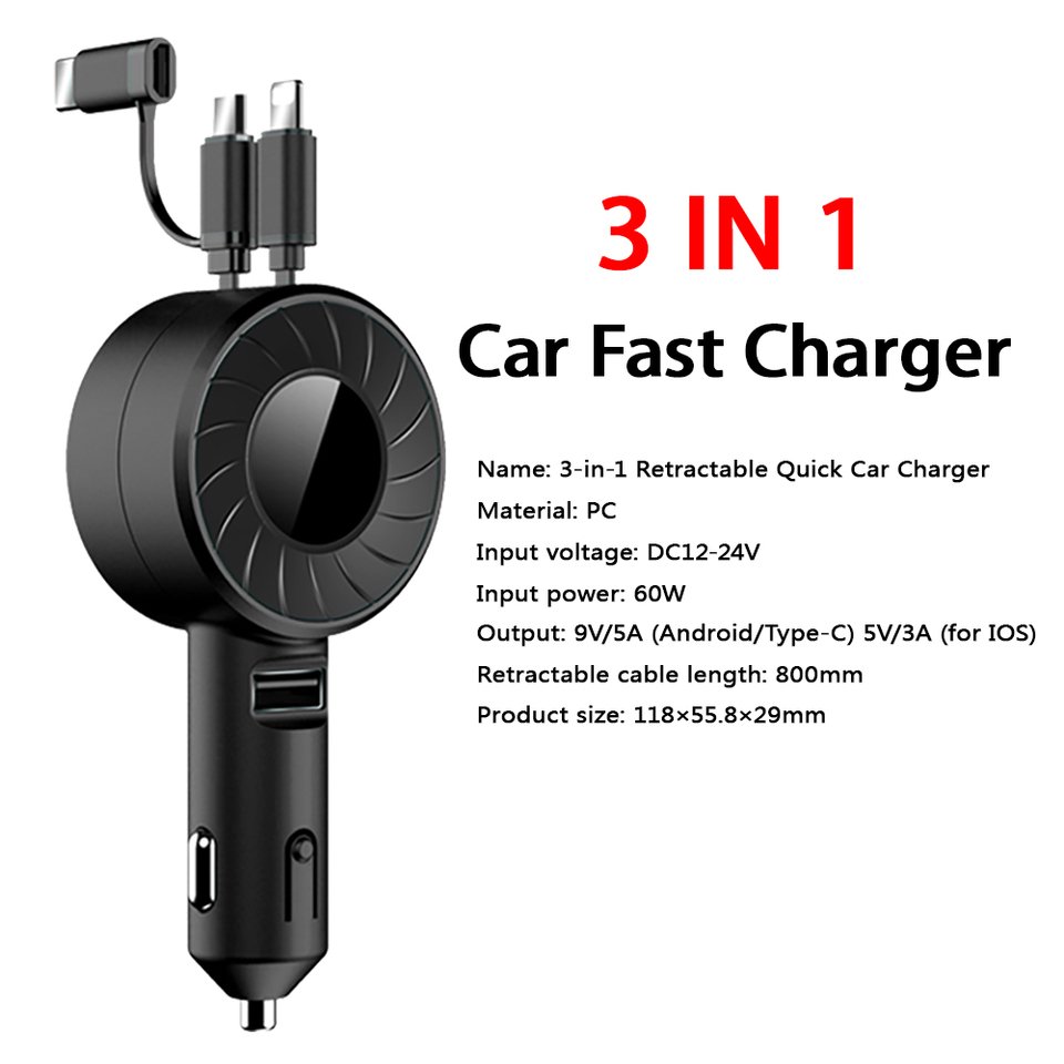 

Выдвижное автомобильное зарядное устройство 4 в 1, 60 Вт, кабель USB C для IPhone, Huawei, Samsung, шнур для быстрой зарядки, адаптер для прикуривателя PD QC3.0