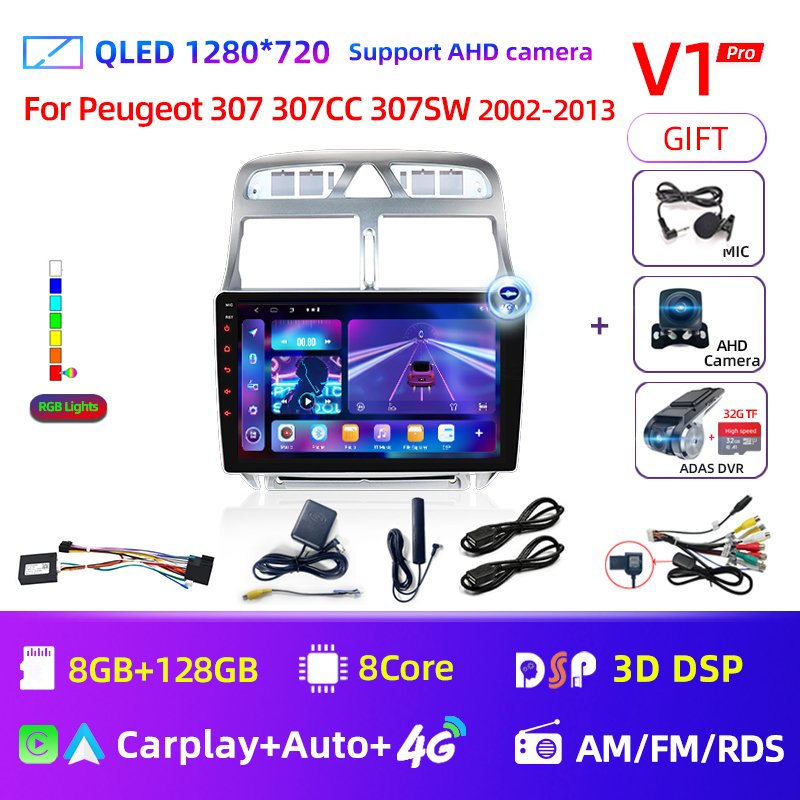 

2DIN Carplay auto 4G NET + Wi-Fi DSP автомобильный радиоприемник мультимедиа для Peugeot 307 SW 307CC 307SW 2002-2013 видеоплеер Android 12 8 ядер