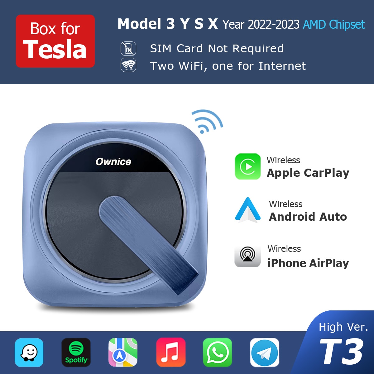

Для Tesla Model 3 Y X S беспроводной адаптер CarPlay Dongle без SIM-карты Auto Ai Box Link Телефон для Spotify Waze Android Auto Carplay