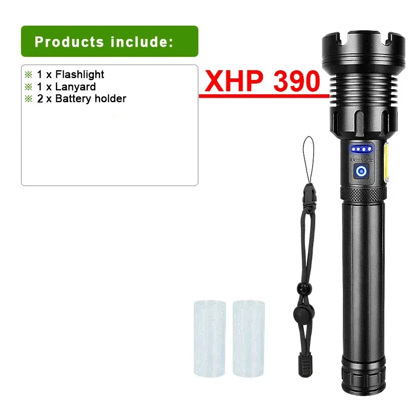 

Самый мощный фонарик XHP390, 10000 мАч, сильный свет, перезаряжаемая лампа, уличный водонепроницаемый тактический фонарь, самооборона