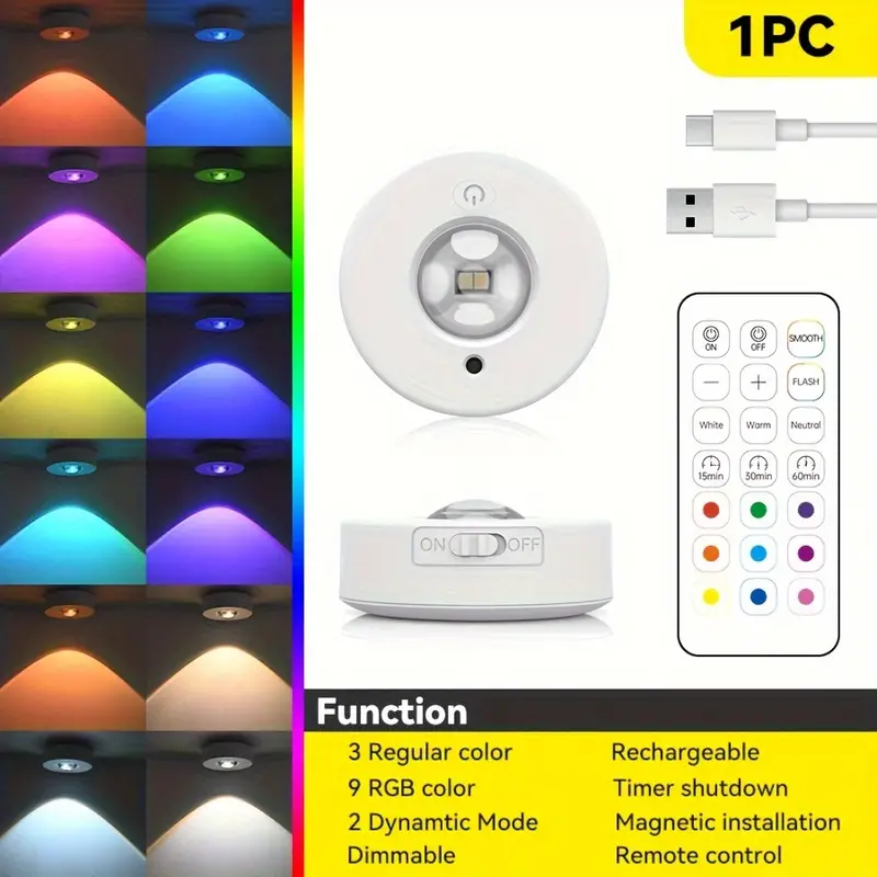 

RGB 12-цветный Беспроводной Пульт Дистанционного Управления Ночник Перезаряжаемая Круглая Лампа Для Шкафа, Кухонного Шкафа
