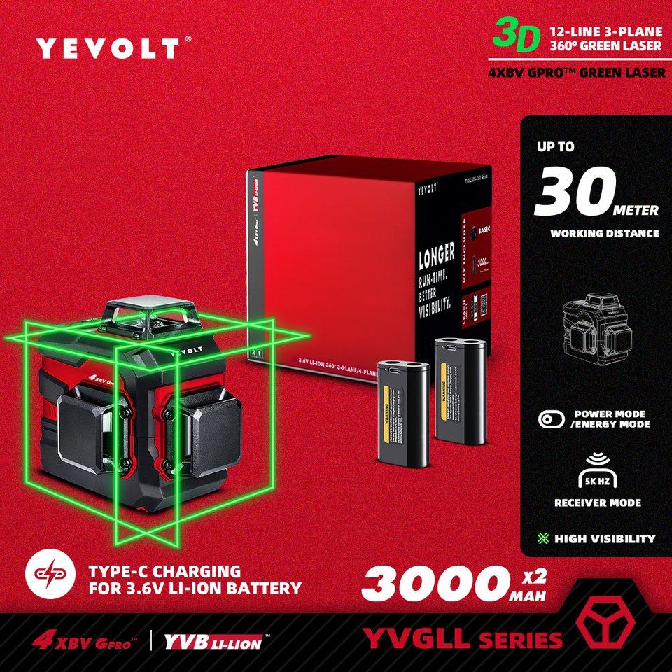 

YEVOLT YVGLL4XS-Series Зеленый лазерный уровень 3/4-плоскостный