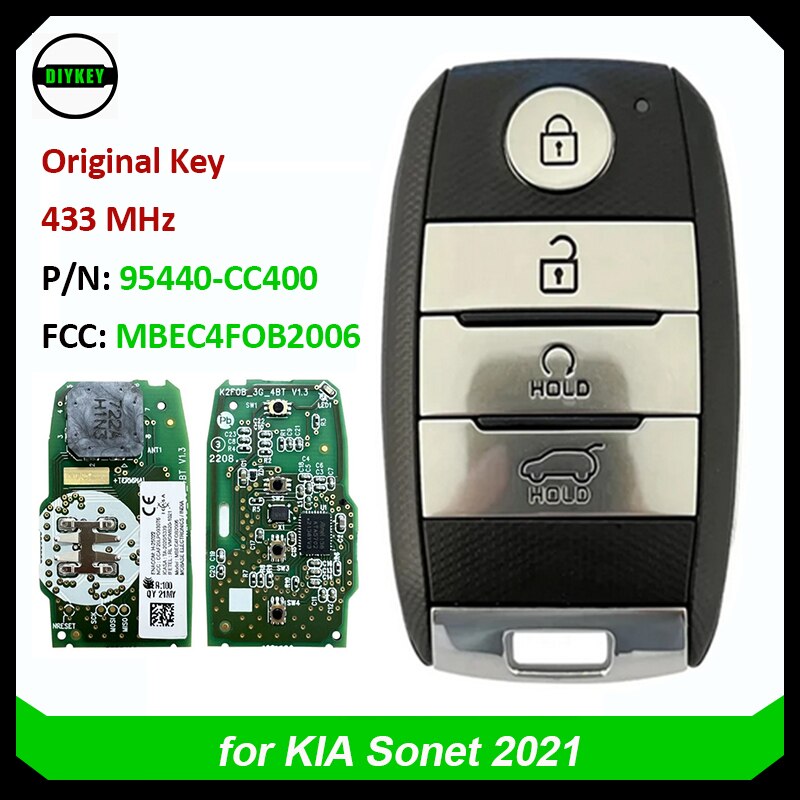 

Оригинальный безключевой флэш-накопитель DIYKEY для KIA Sonet 2021 P/N 95440-CC400 - FCCID MBEC4FOB2006-6A, чип 433 МГц, 4 кнопки