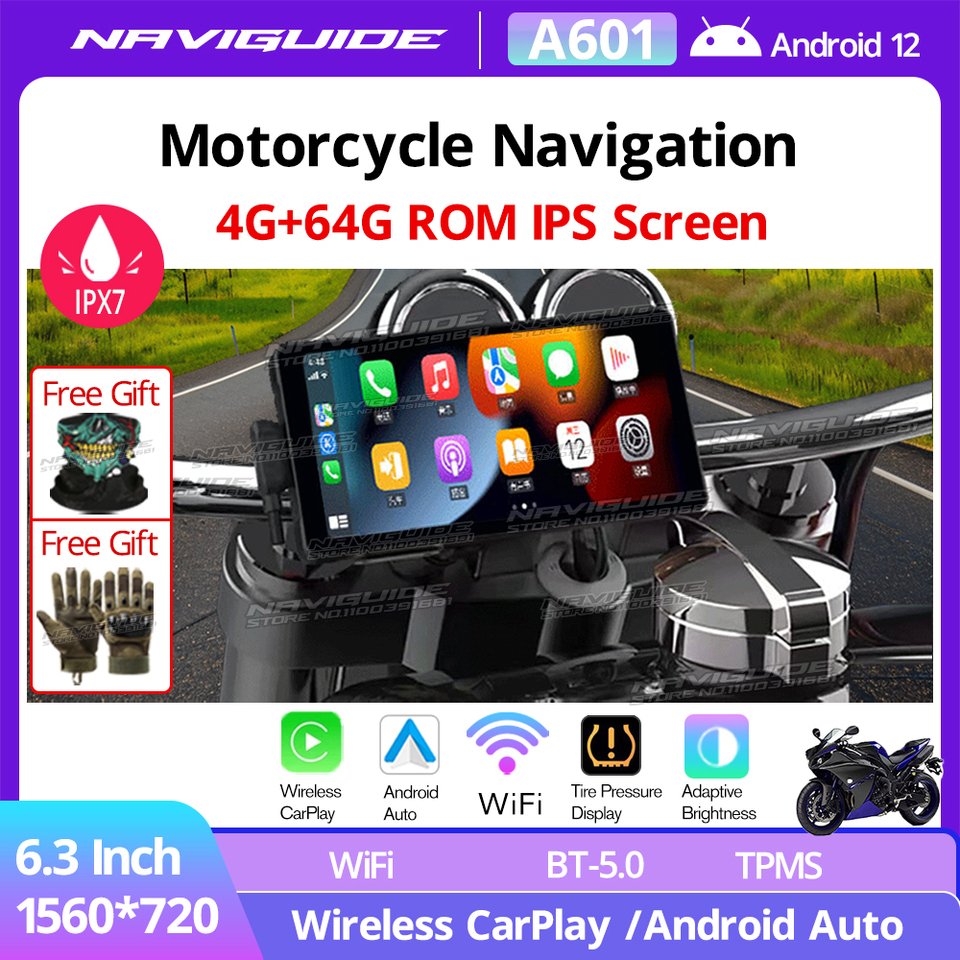 

NAVIGUIDE A601 6,3 дюймовый Android 12 4G + 64G беспроводной Carplay автомобильный навигатор для мотоцикла водонепроницаемый портативный экран монитор для мотоцикла BT