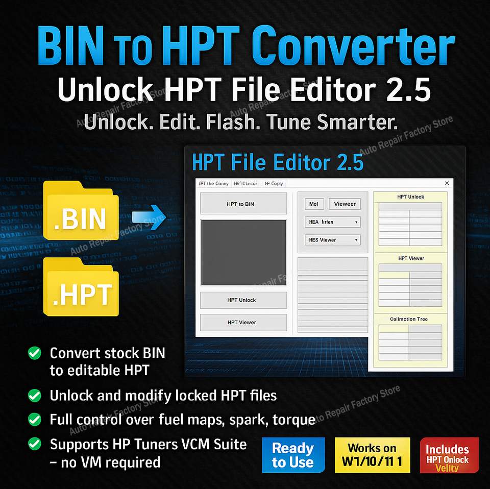 

BIN To .HPT Converter HPT File Editor 2.5 Convert Unlock Previously Locked .HPT Files Copy Calibrations VIN hpt5.1.3476uners