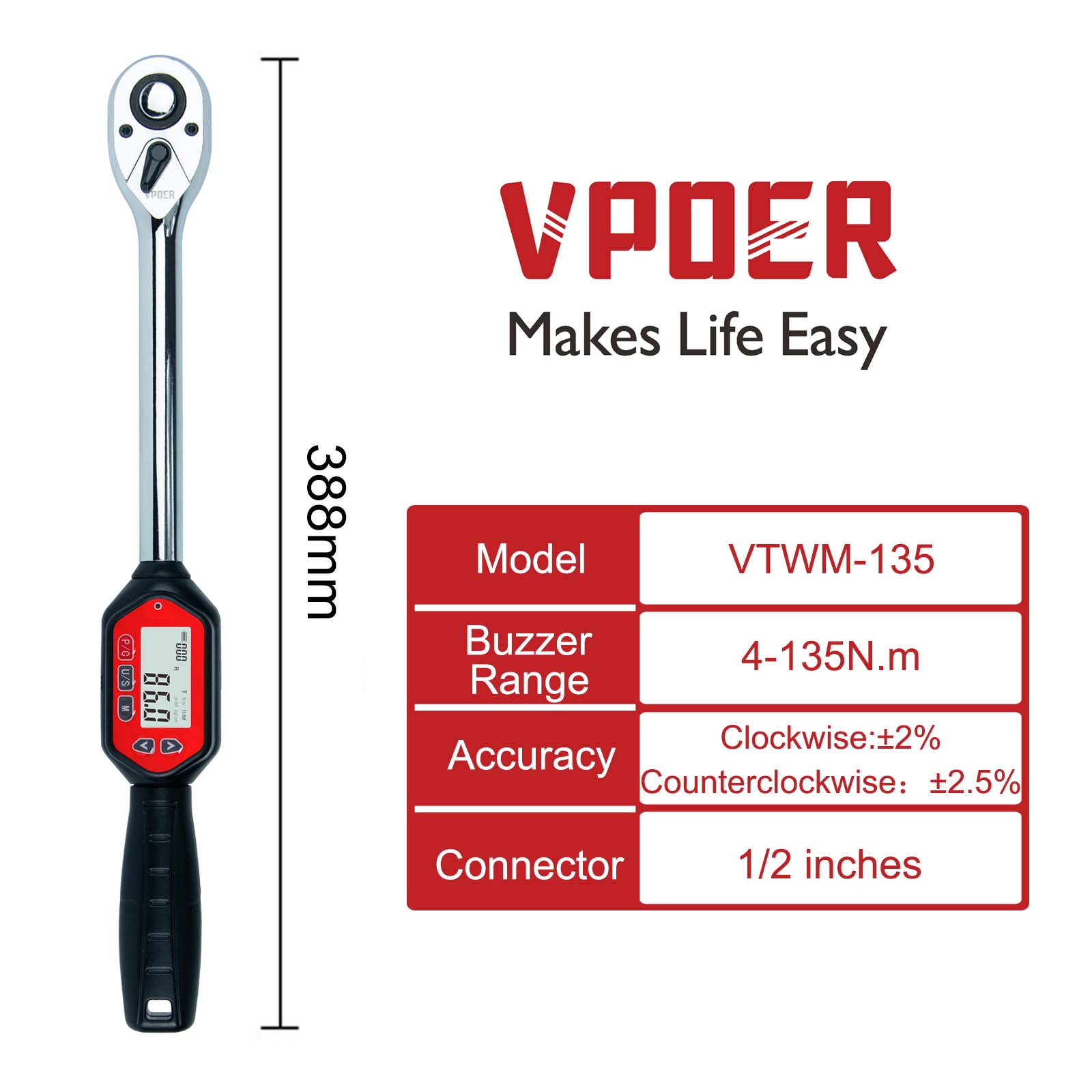 

Цифровой динамометрический ключ VPOER 1/2 дюйма 4-135 Нм