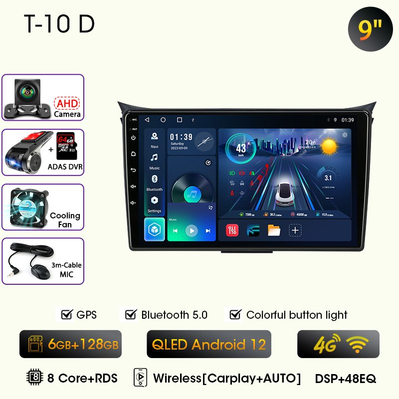 

Мультимедийный Плеер Carplay Android 12 Для Hyundai I30 Grand Elantra 2011-2017, 9-дюймовый Сенсорный Экран, Камера Заднего Вида