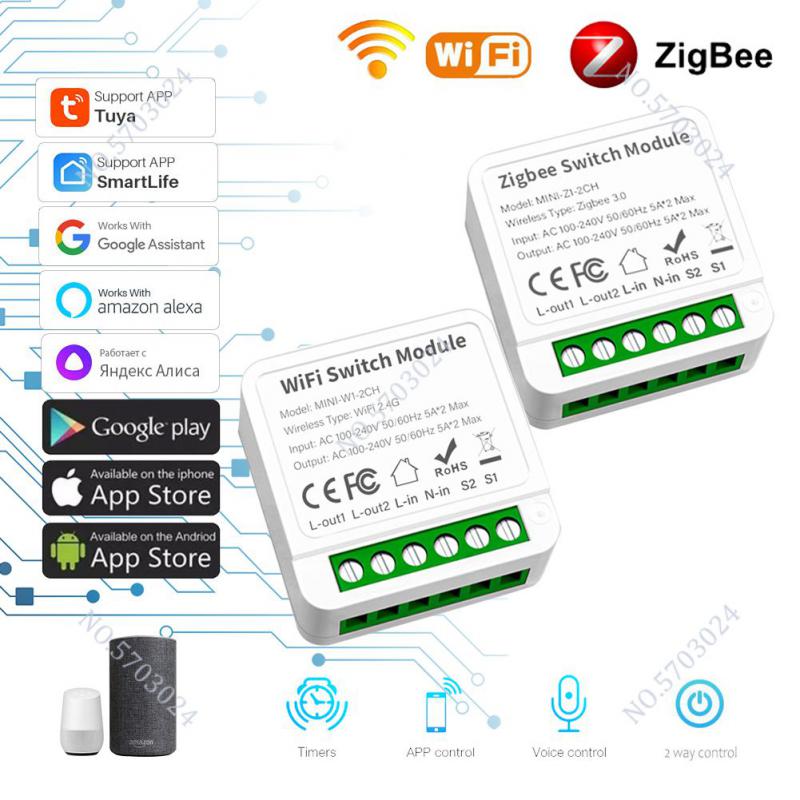 

Мини-выключатель Wi-Fi Zigbee DIY Умный дом 1/2/3/4 Gang Switch 2-стороннее управление Модуль умного переключателя работает с Alexa Google Home Alice