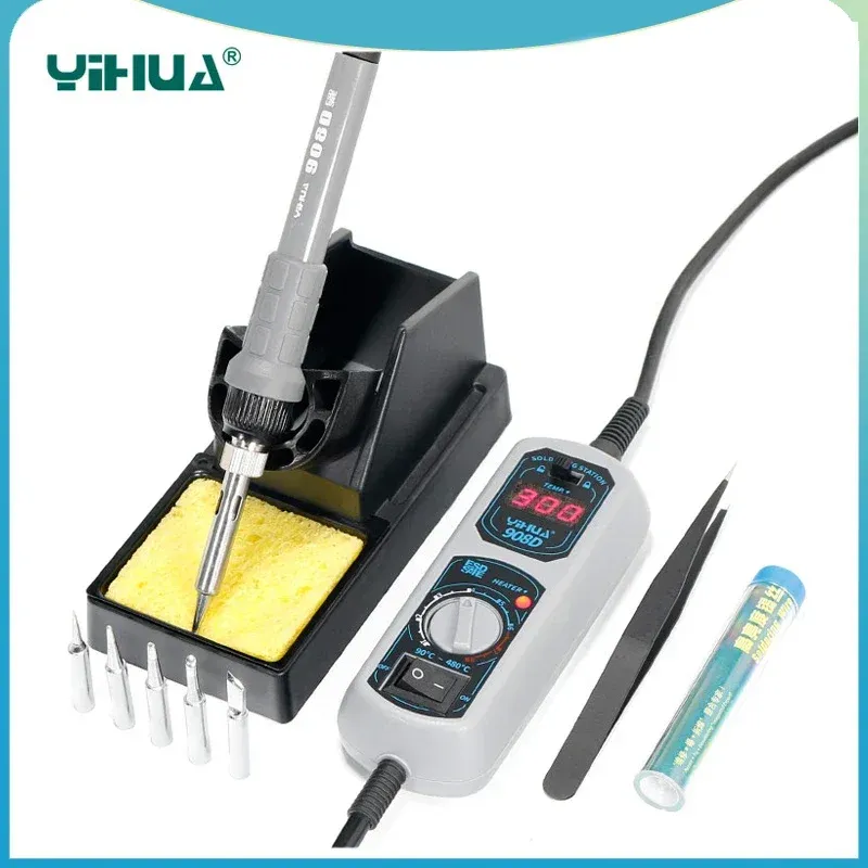 

Оригинальный паяльник YIHUA 908D 220 В/110 В, электрический сварочный паяльник с регулируемой температурой + 5 наконечников + подставка + пинцет + оловянный